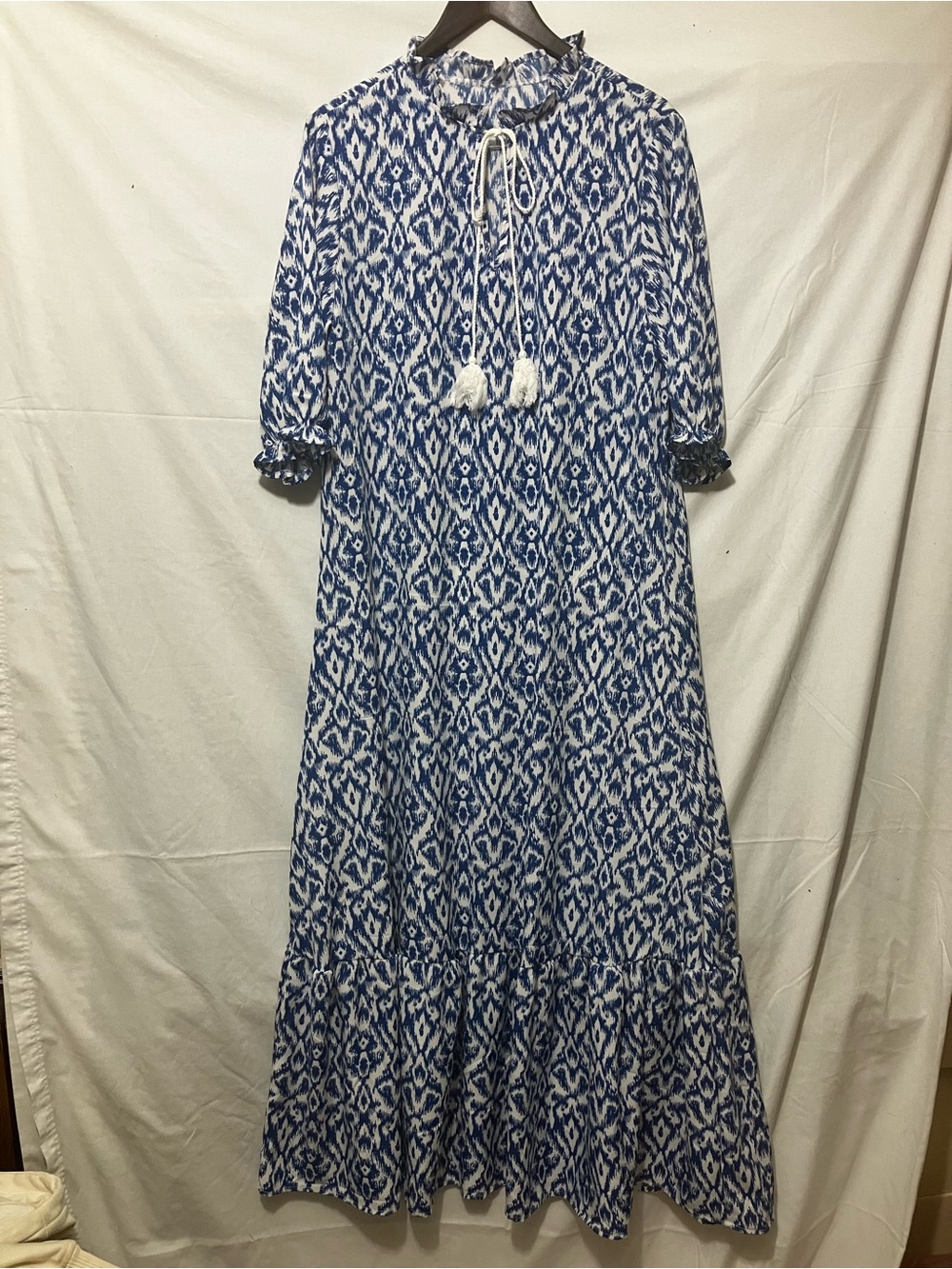 Blue Ikat Maxi Dress with Tassel Tie